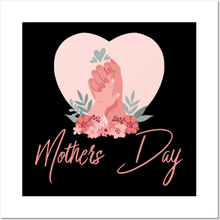 happy mothers day love heart with hand and flowers Posters and Art